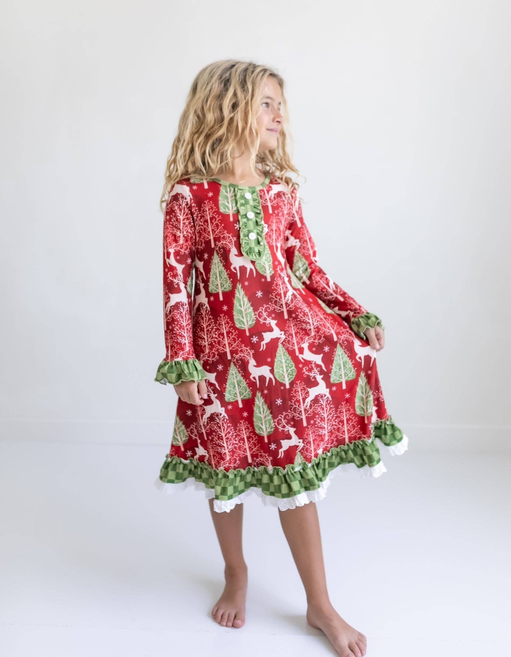 Oopsie Daisy - Kids Red Christmas Holiday Reindeer Ruffle Lounge Play Gown