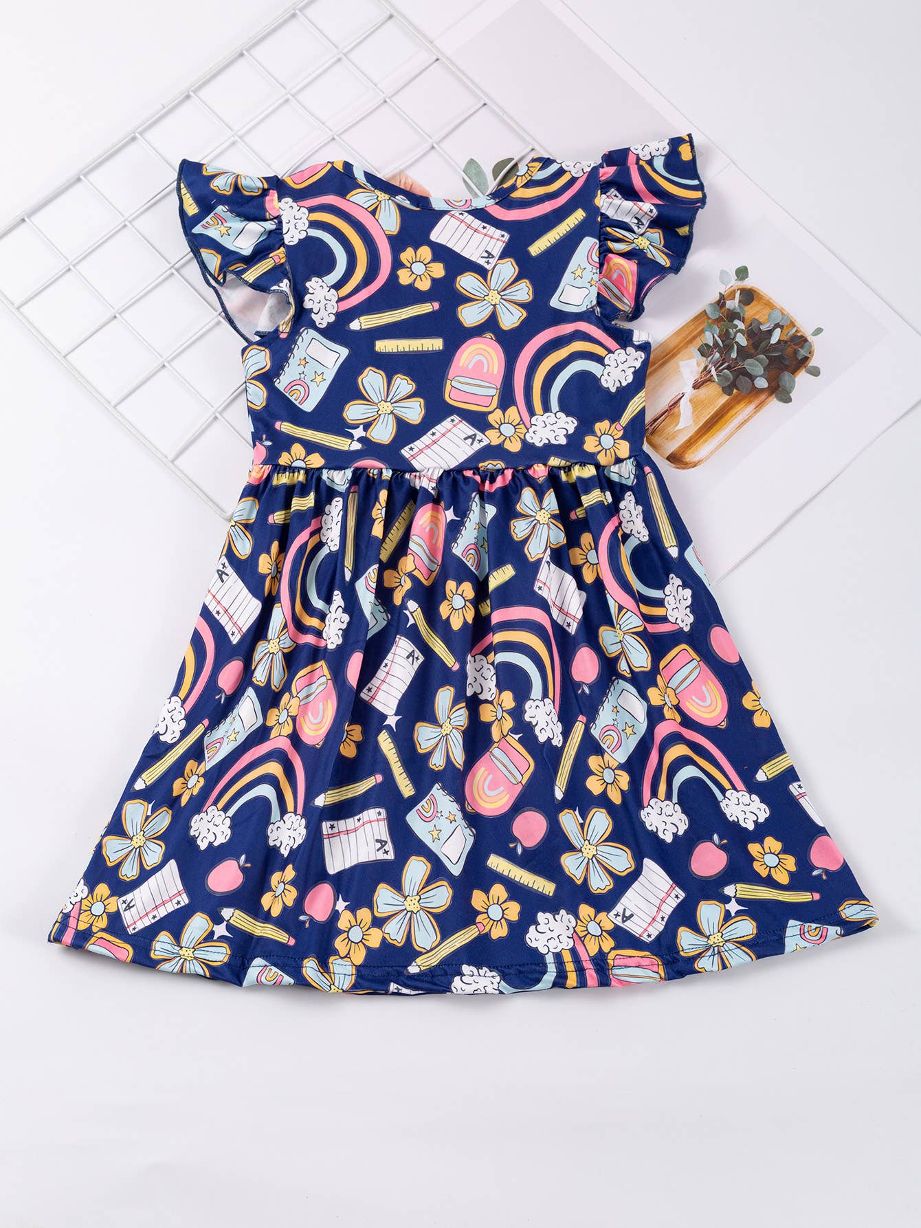 Little Trendy - Back to School Apple pencil rainbow ruffle flutter Dress