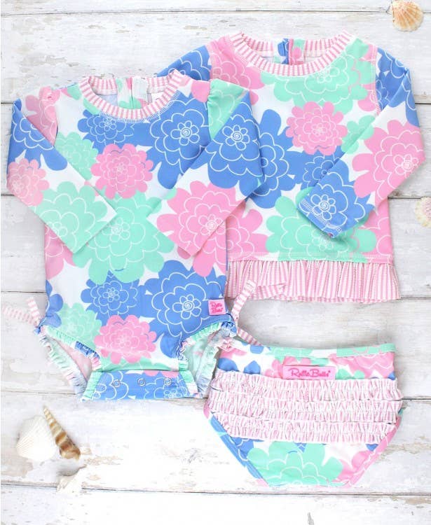 RuffleButts + RuggedButts - Girls Pastel Petals Long Sleeve Rash Guard 2-Piece Swimsuit with Signature Rear Ruffles