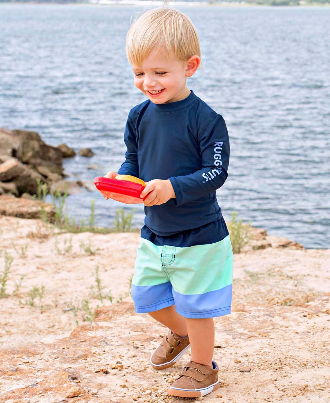 RuffleButts + RuggedButts - Boys Mint & Blue Color Block Swim Trunks