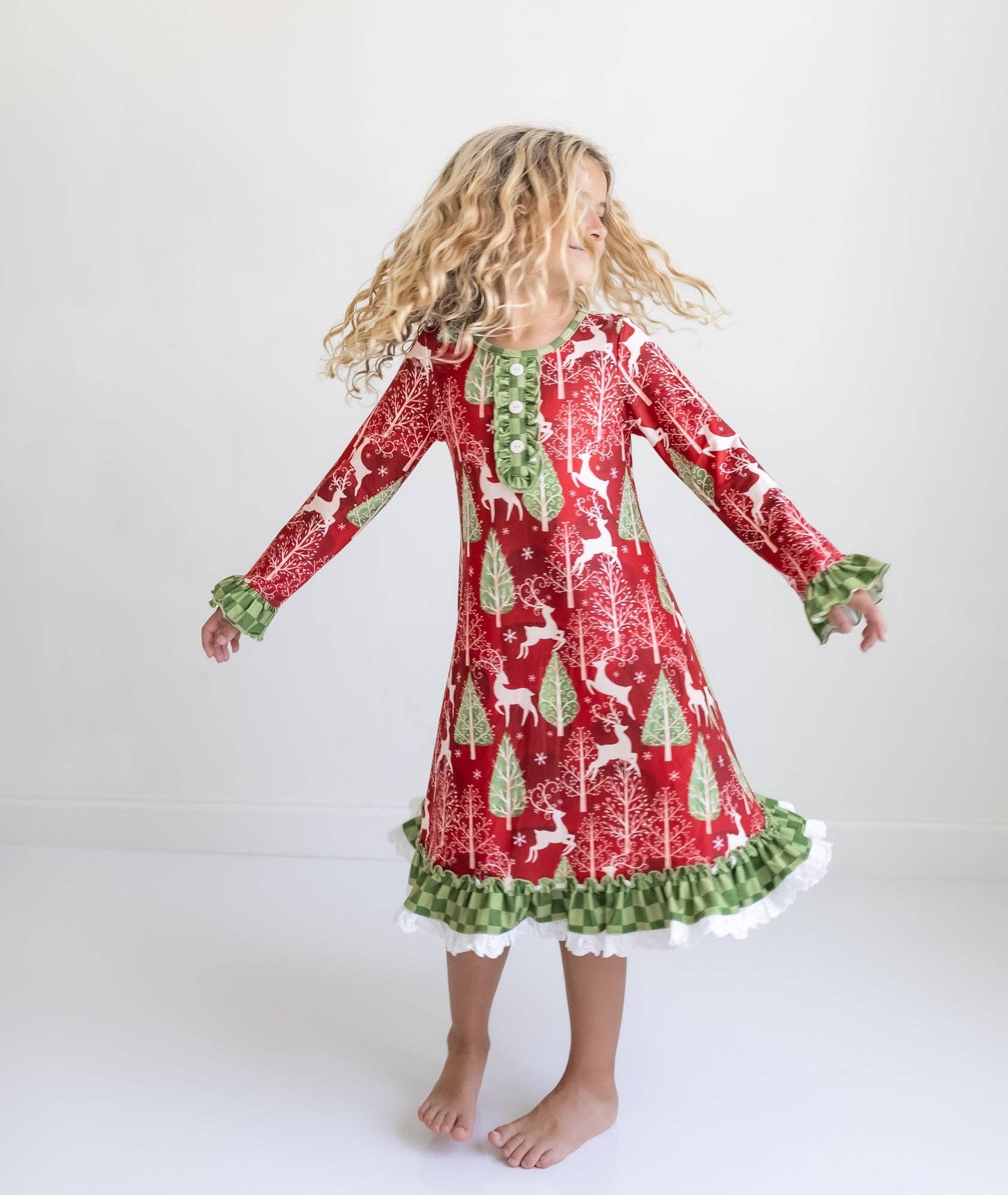 Oopsie Daisy - Kids Red Christmas Holiday Reindeer Ruffle Lounge Play Gown