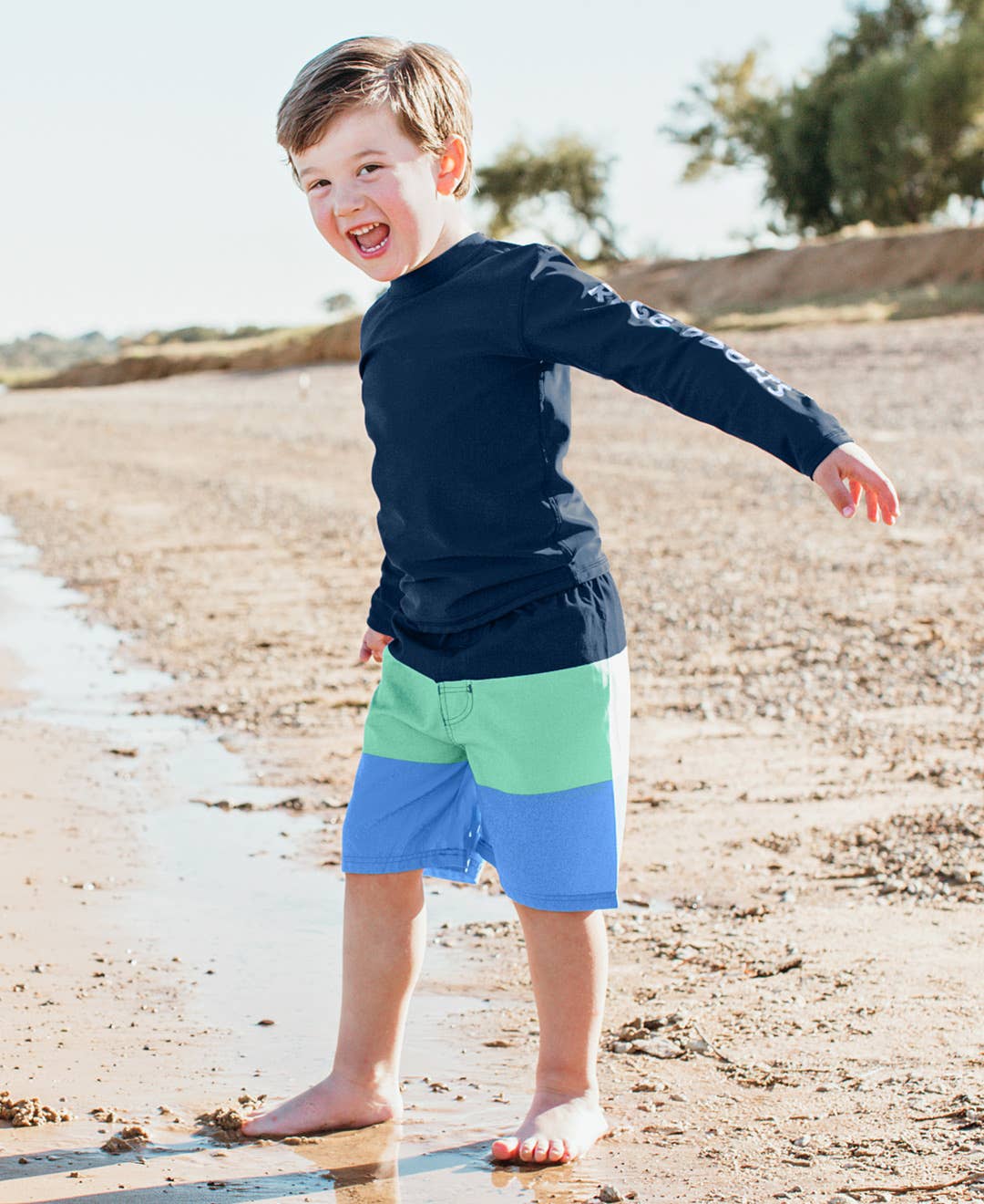 RuffleButts + RuggedButts - Boys Mint & Blue Color Block Swim Trunks