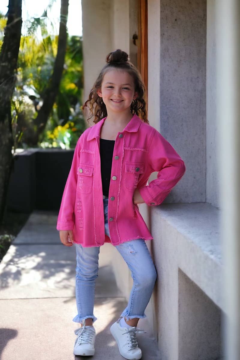 Hot Pink Distressed Denim Shirt