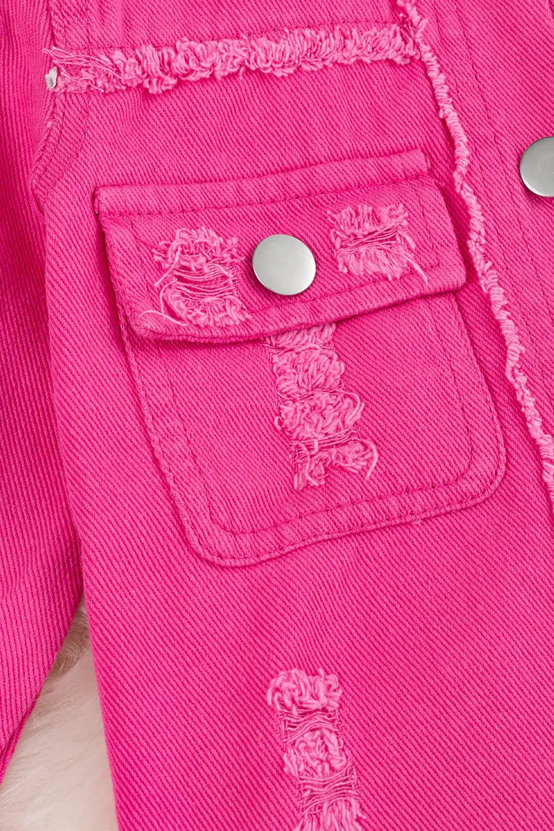 Hot Pink Distressed Denim Shirt