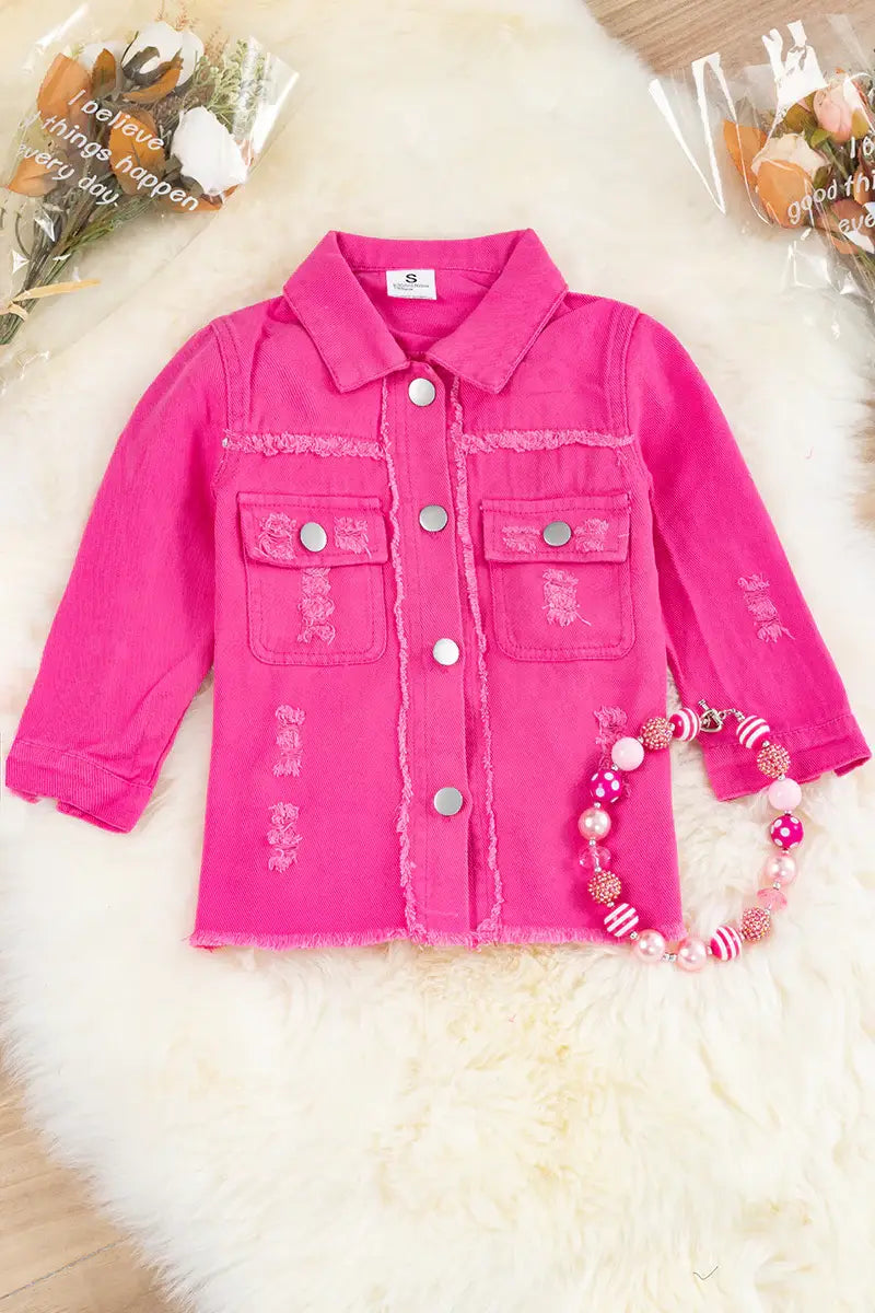 Hot Pink Distressed Denim Shirt