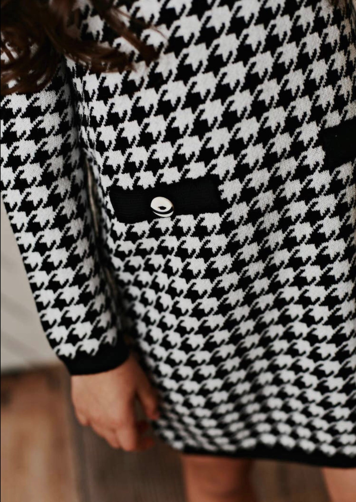 Kids Houndstooth Check Sweater Button Dress