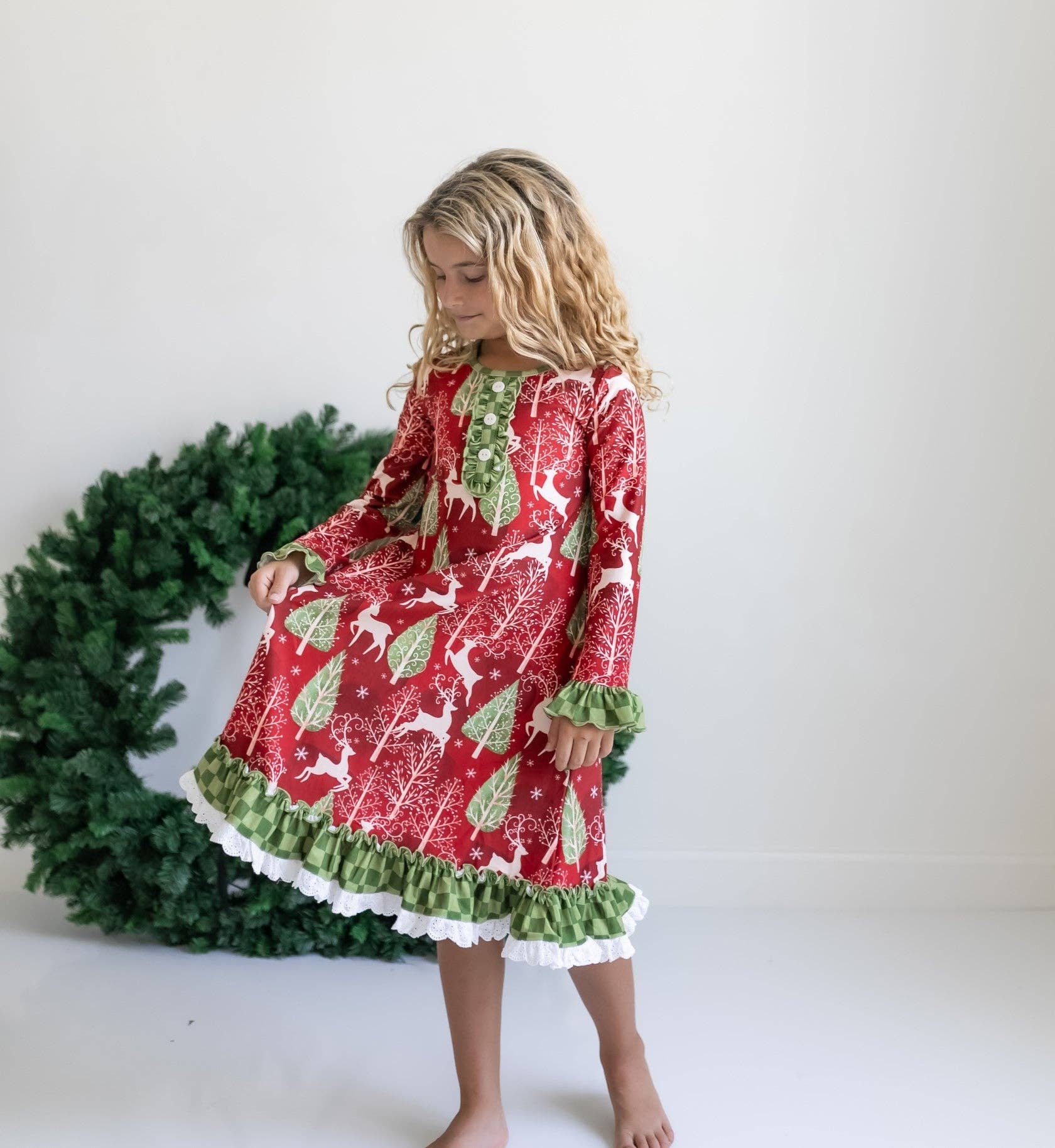 Oopsie Daisy - Kids Red Christmas Holiday Reindeer Ruffle Lounge Play Gown