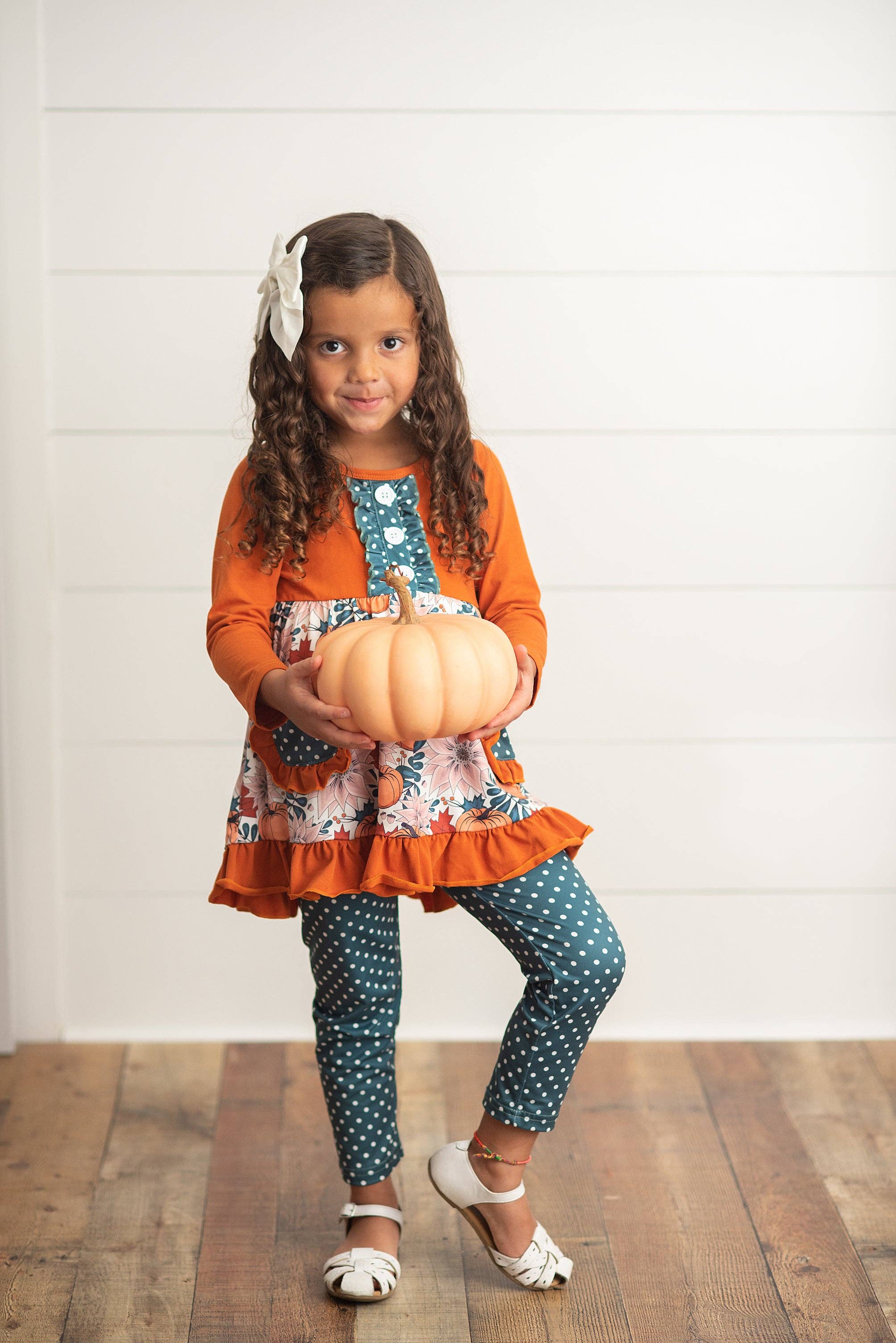 Adorable Sweetness - Kids Sage & Pumpkin Ruffle Pocket Polka Dot Fall Pant Set