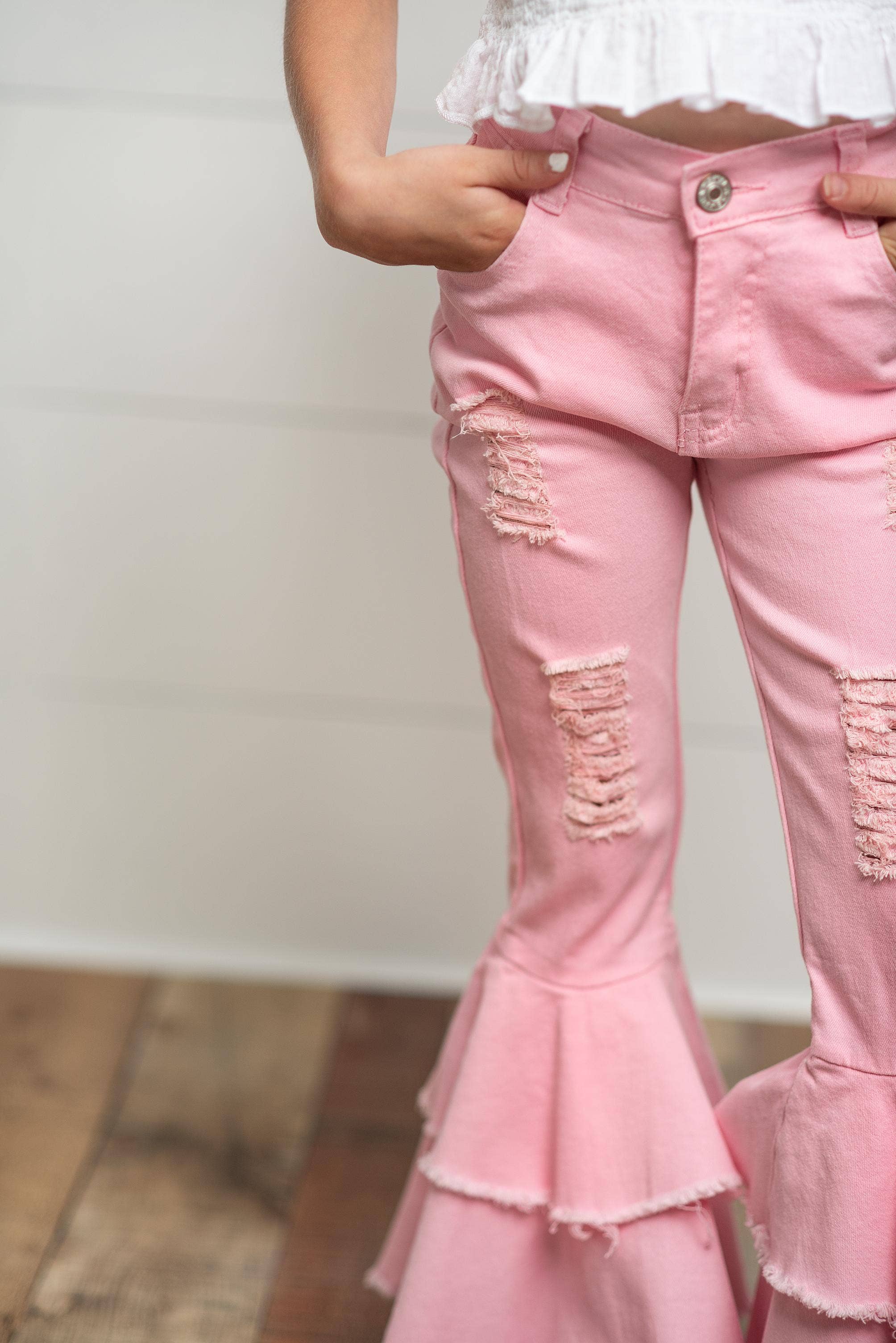 Oopsie Daisy - Kids Light Pink Distressed Denim Double Ruffle Pant Jeans