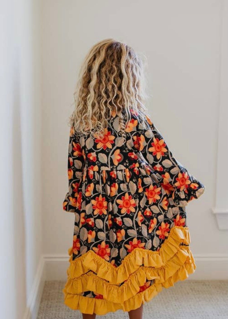 Kids 3 Ruffle Mustard Floral Long Sleeve Dress
