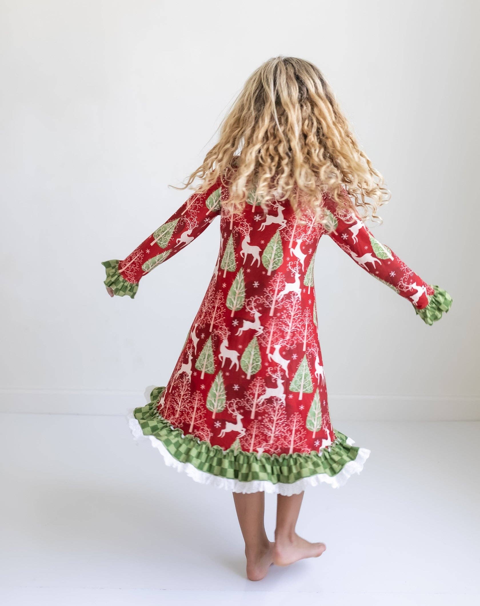 Oopsie Daisy - Kids Red Christmas Holiday Reindeer Ruffle Lounge Play Gown
