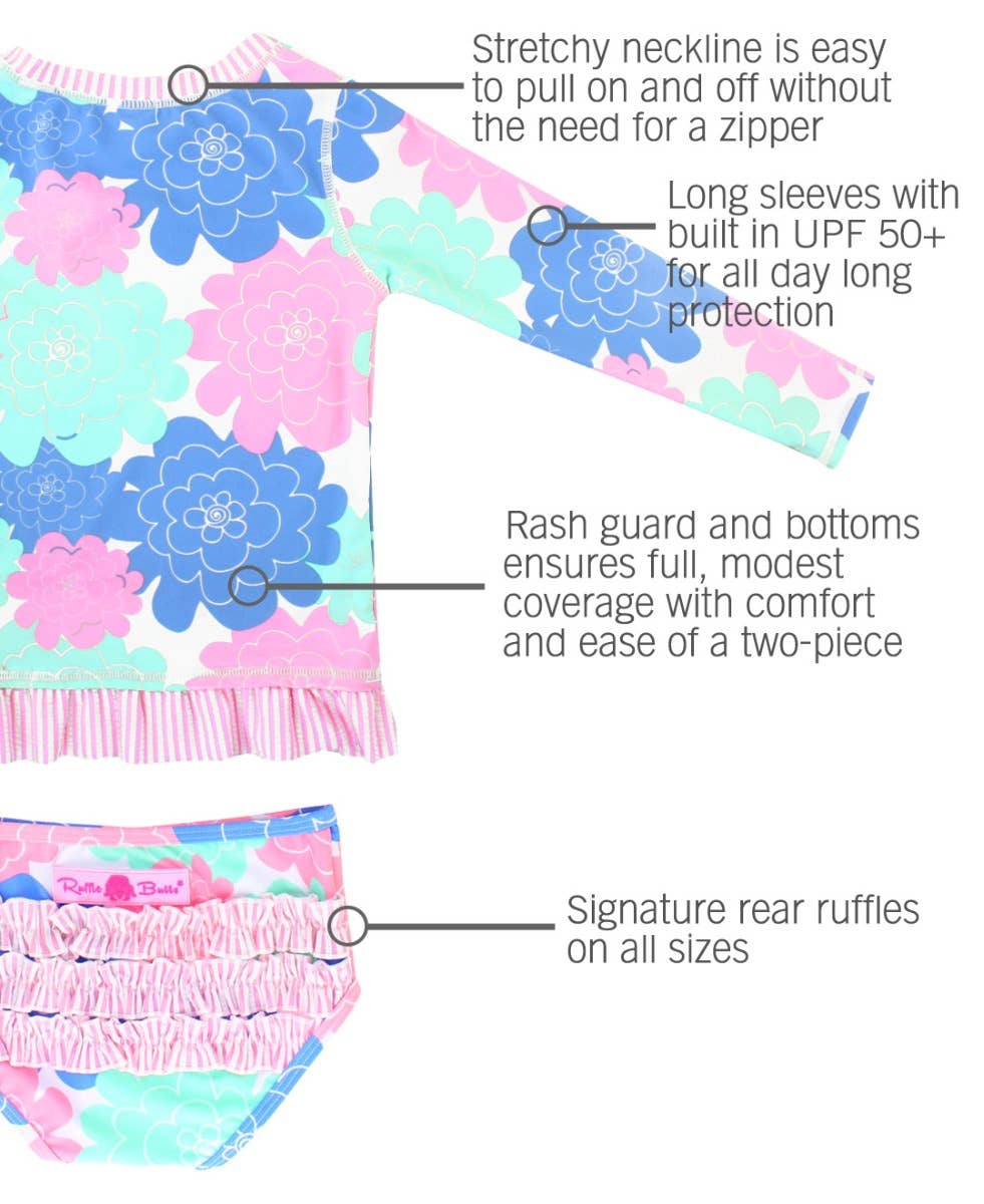 RuffleButts + RuggedButts - Girls Pastel Petals Long Sleeve Rash Guard 2-Piece Swimsuit with Signature Rear Ruffles
