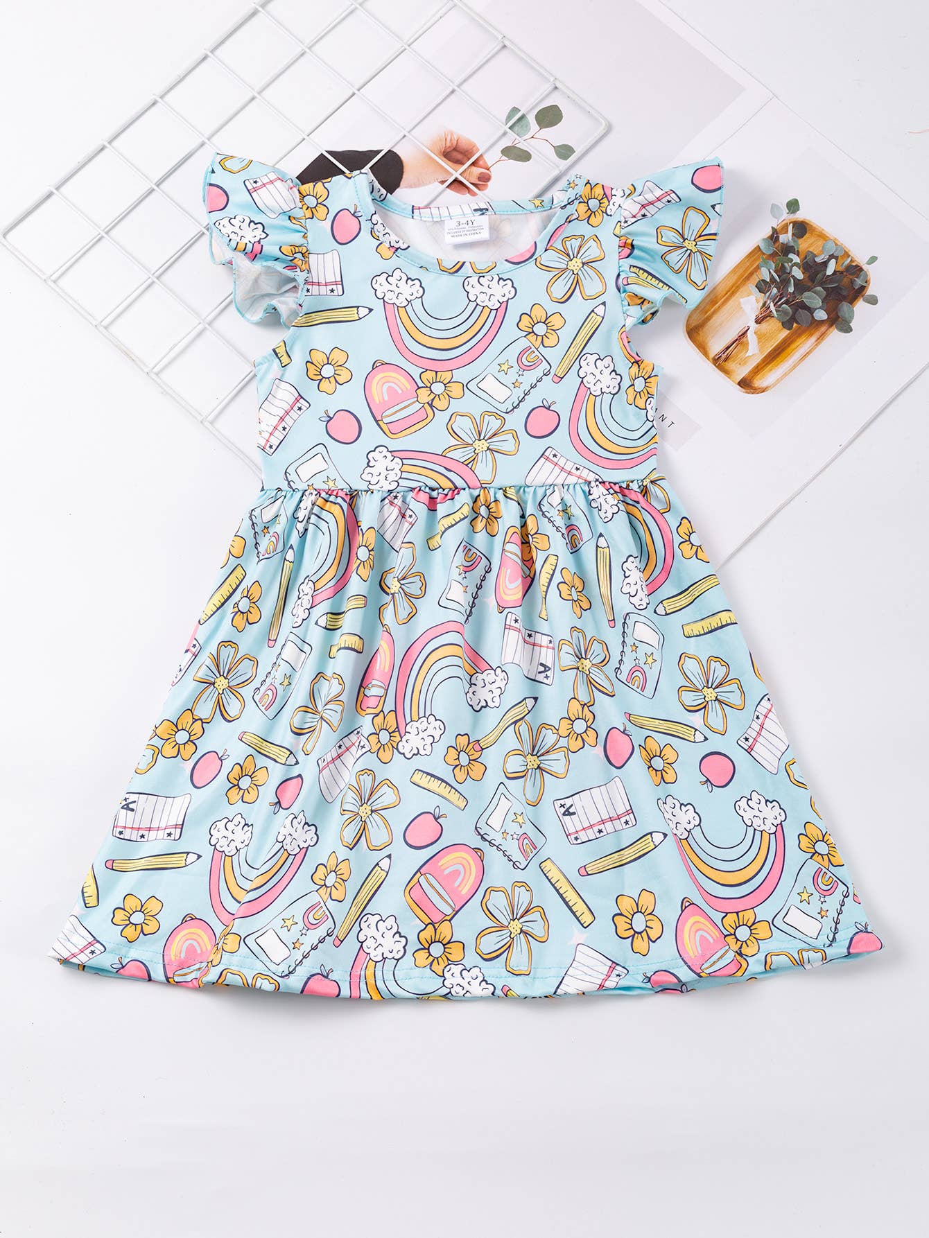 Little Trendy - Back to School Apple pencil rainbow ruffle flutter Dress