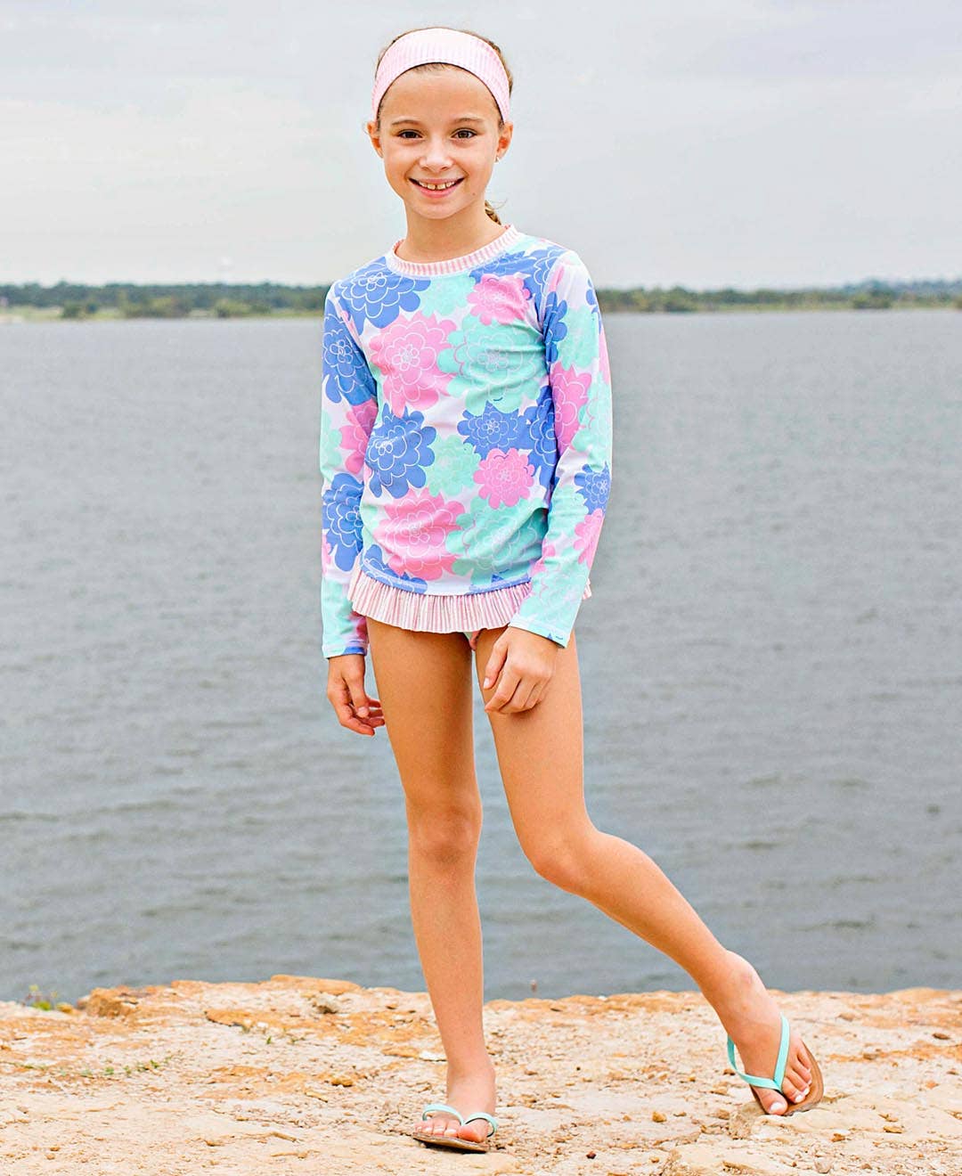 RuffleButts + RuggedButts - Girls Pastel Petals Long Sleeve Rash Guard 2-Piece Swimsuit with Signature Rear Ruffles