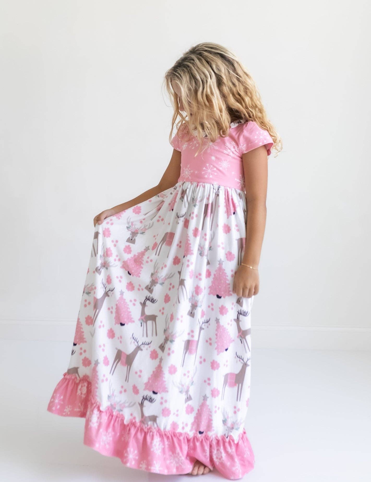 Oopsie Daisy - Kids Pink Christmas Holiday Reindeer Ruffle Lounge Play Gown