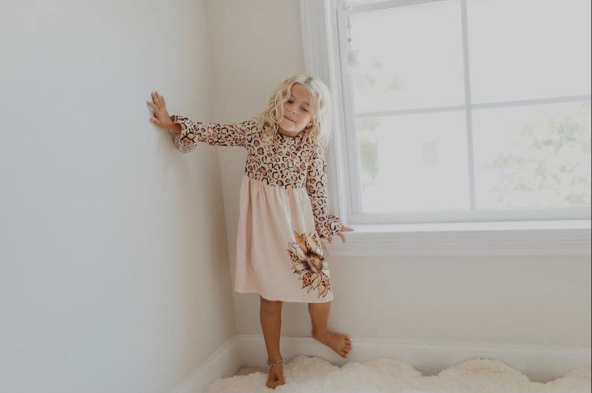 Kids Claire Sunflower Leopard Print Fall Twirl Dress
