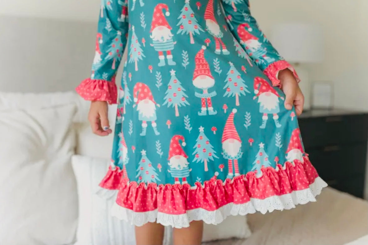 Kids Red Green Gnome Holiday Christmas Ruffle Lounge Gown