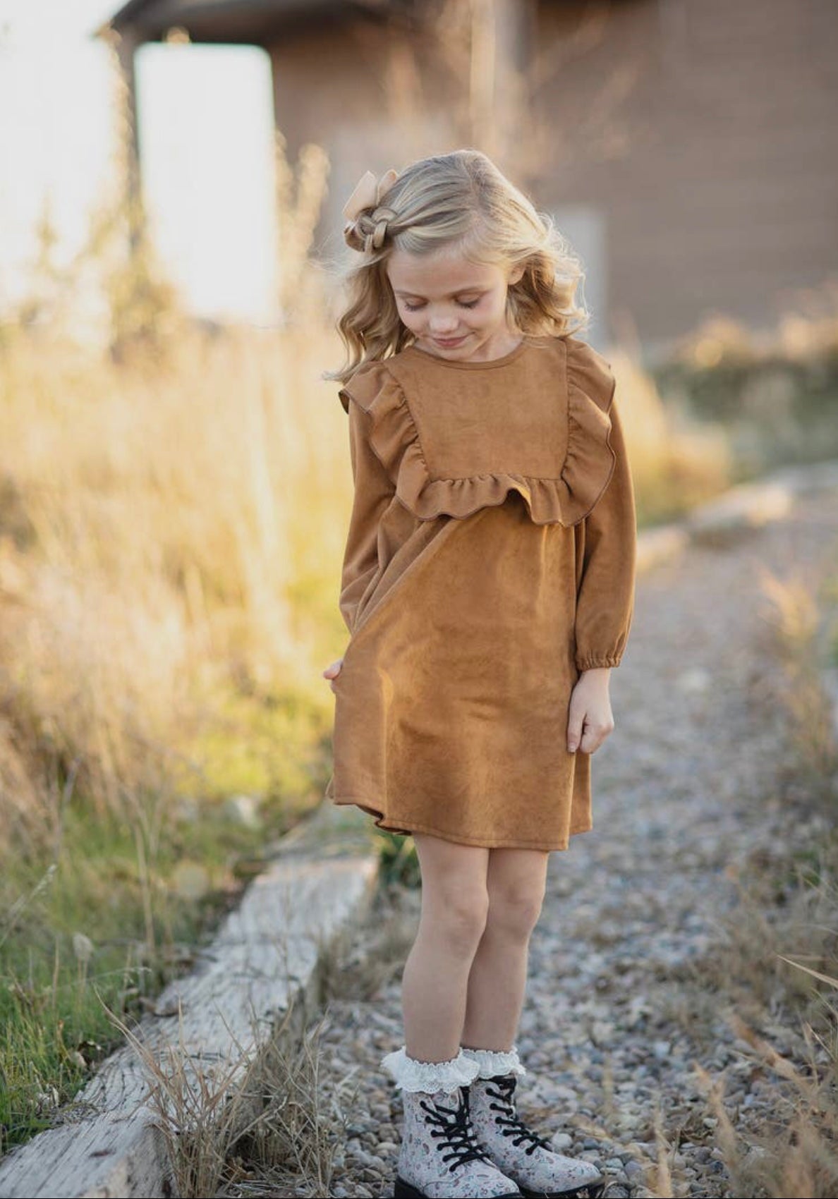 Kids Caramel Faux Suede Long Sleeve Ruffle Dress