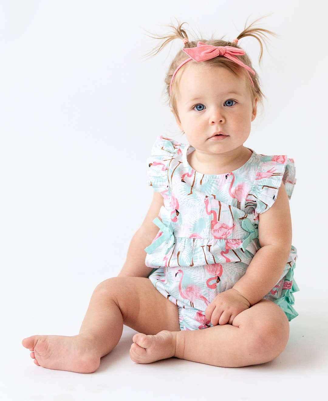 RuffleButts + RuggedButts - Baby Girls Vibrant Flamingo Classic Ruffle Bubble Romper