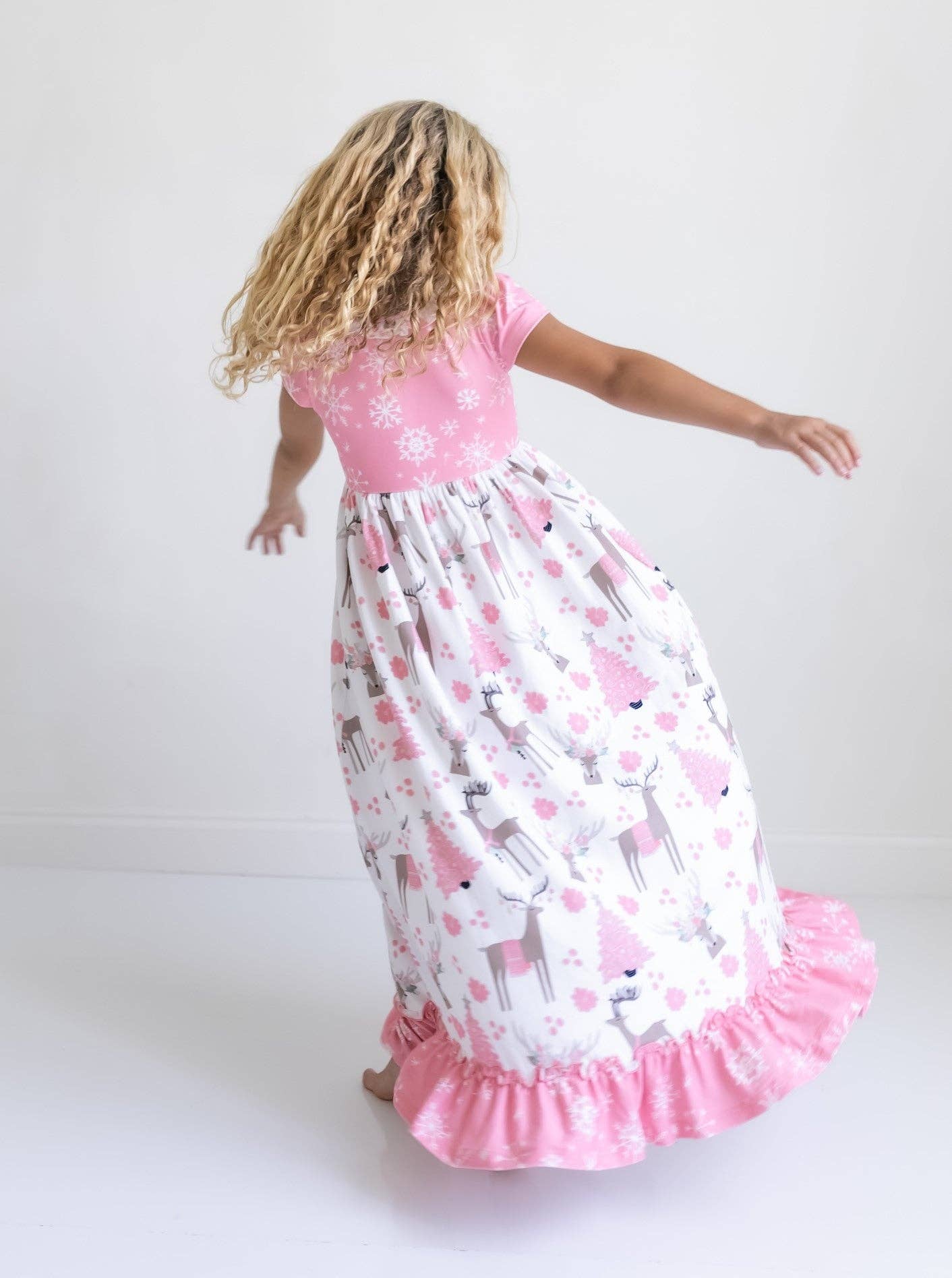 Oopsie Daisy - Kids Pink Christmas Holiday Reindeer Ruffle Lounge Play Gown