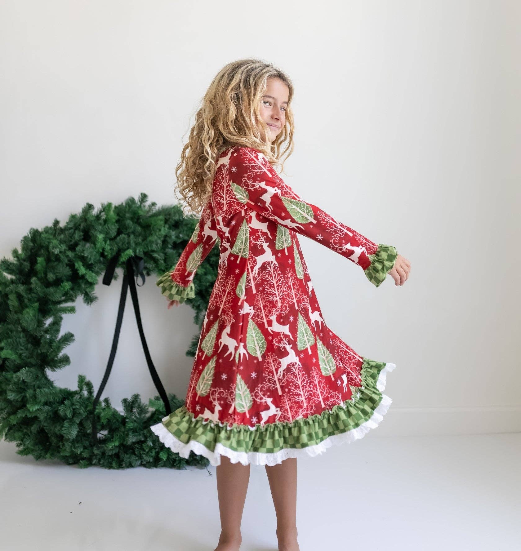 Oopsie Daisy - Kids Red Christmas Holiday Reindeer Ruffle Lounge Play Gown