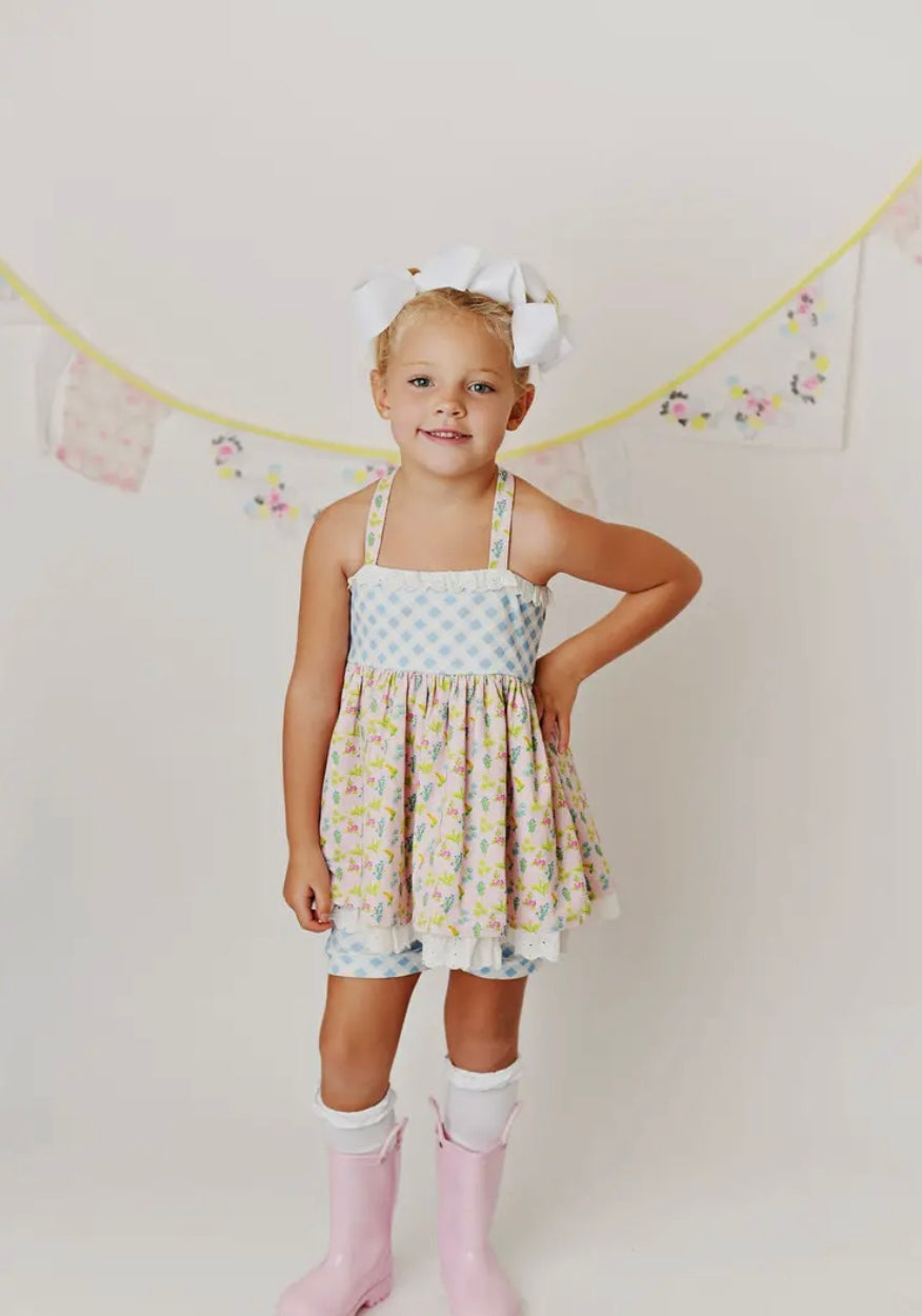 Girls Spring Layered Eyelet Trim Tunic Top w/ Shorts