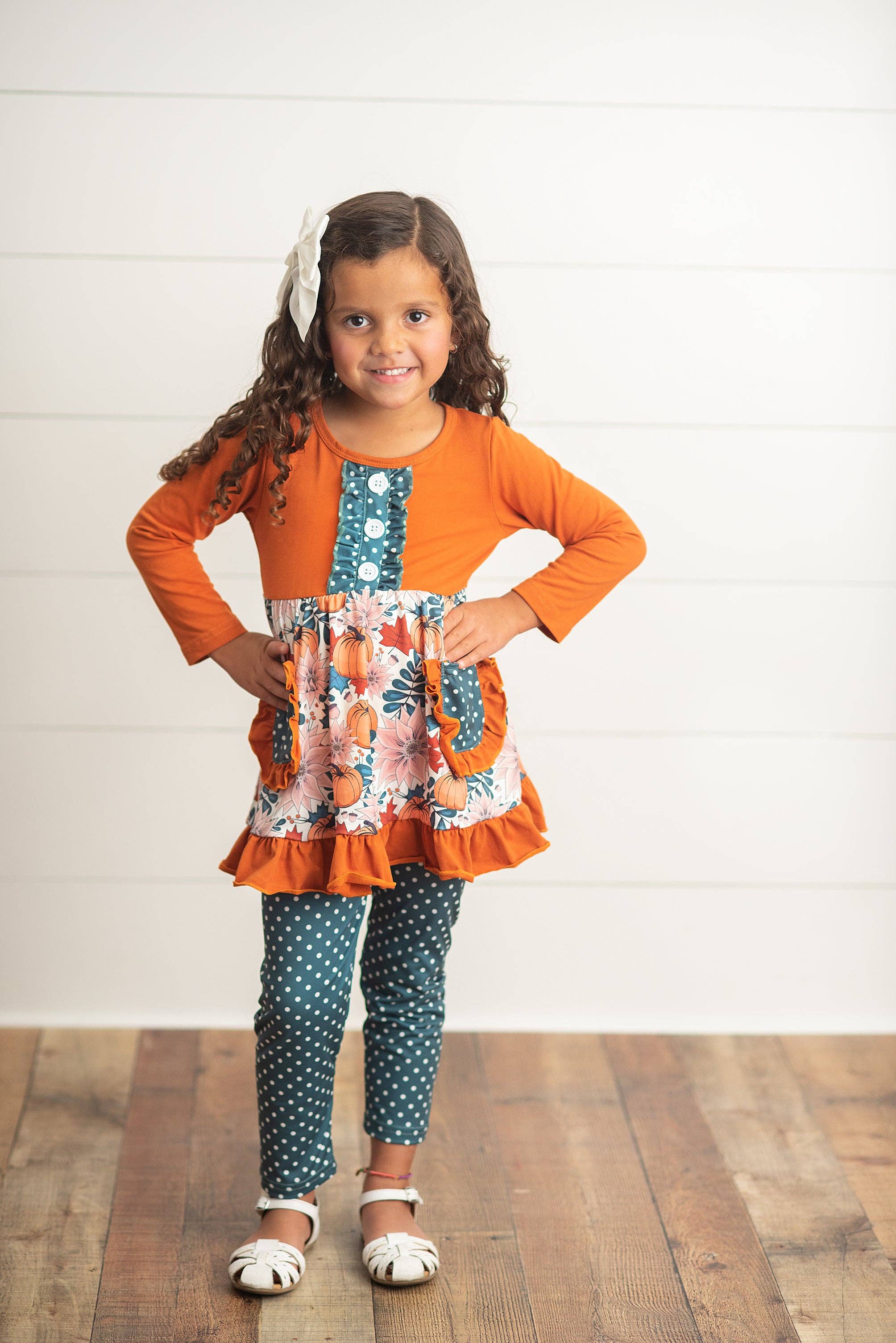 Adorable Sweetness - Kids Sage & Pumpkin Ruffle Pocket Polka Dot Fall Pant Set