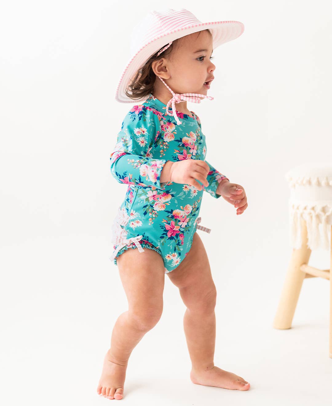 RuffleButts + RuggedButts - Girls Pink Seersucker Swim Hat