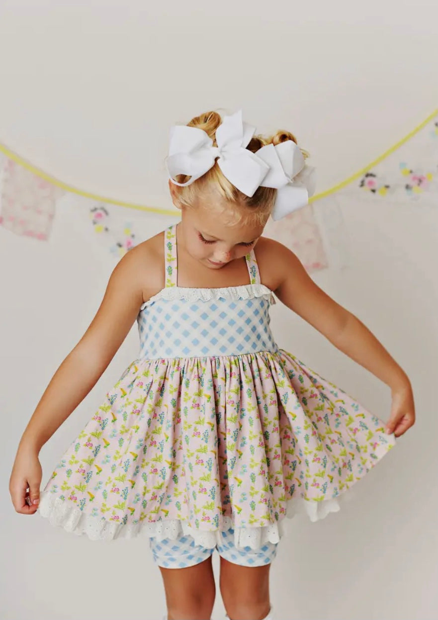 Girls Spring Layered Eyelet Trim Tunic Top w/ Shorts