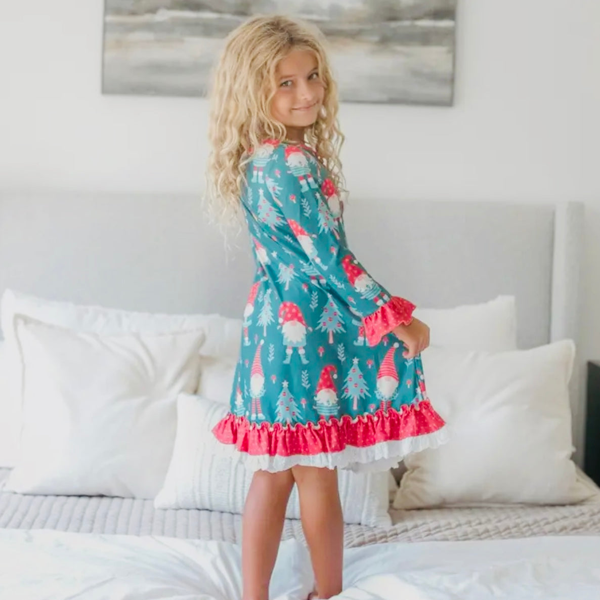 Kids Red Green Gnome Holiday Christmas Ruffle Lounge Gown