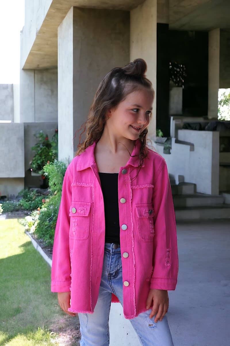 Hot Pink Distressed Denim Shirt