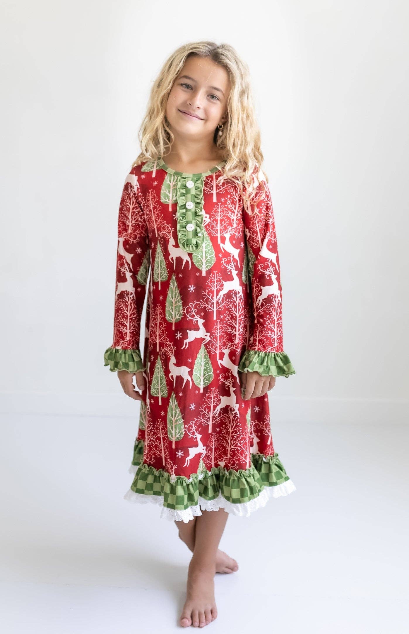 Oopsie Daisy - Kids Red Christmas Holiday Reindeer Ruffle Lounge Play Gown