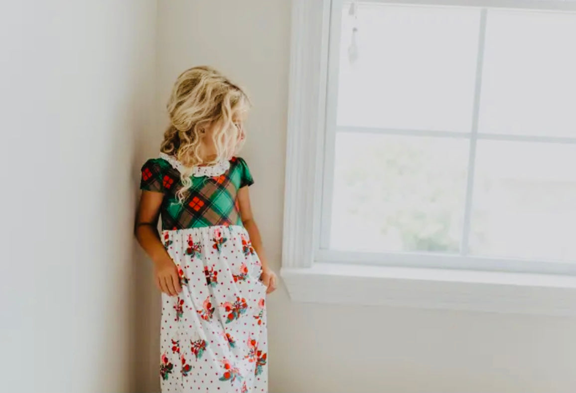 Kids Red Plaid Holly Print Holiday Christmas Lounge Gown
