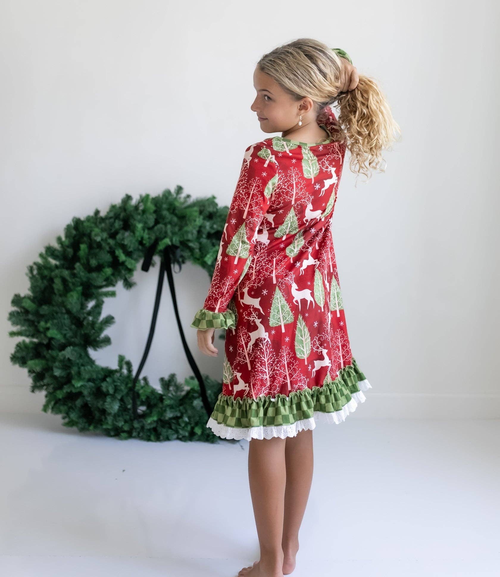 Oopsie Daisy - Kids Red Christmas Holiday Reindeer Ruffle Lounge Play Gown