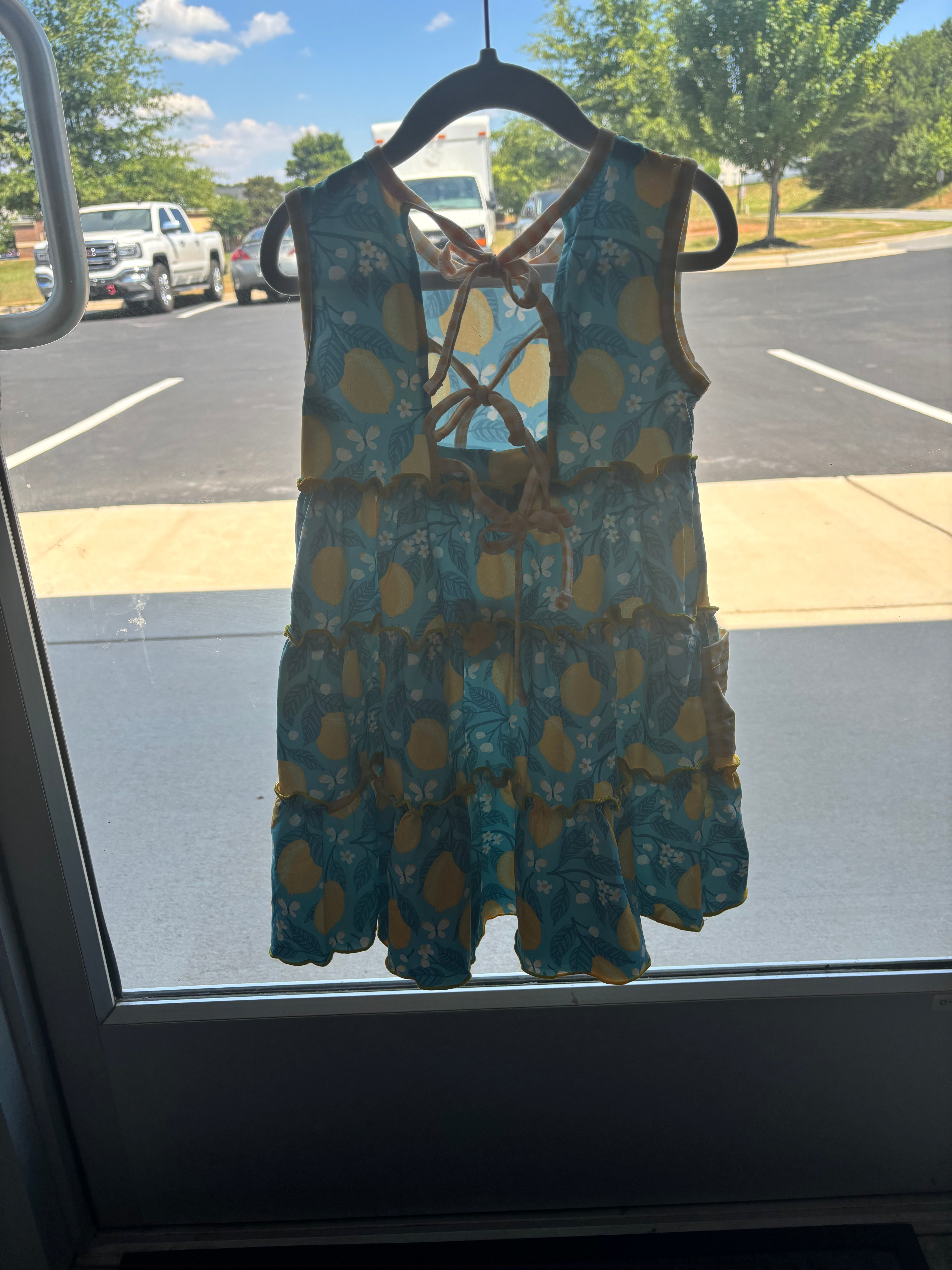 Girls Teal Lemon Pocket Bow Summer Ruffle Dress