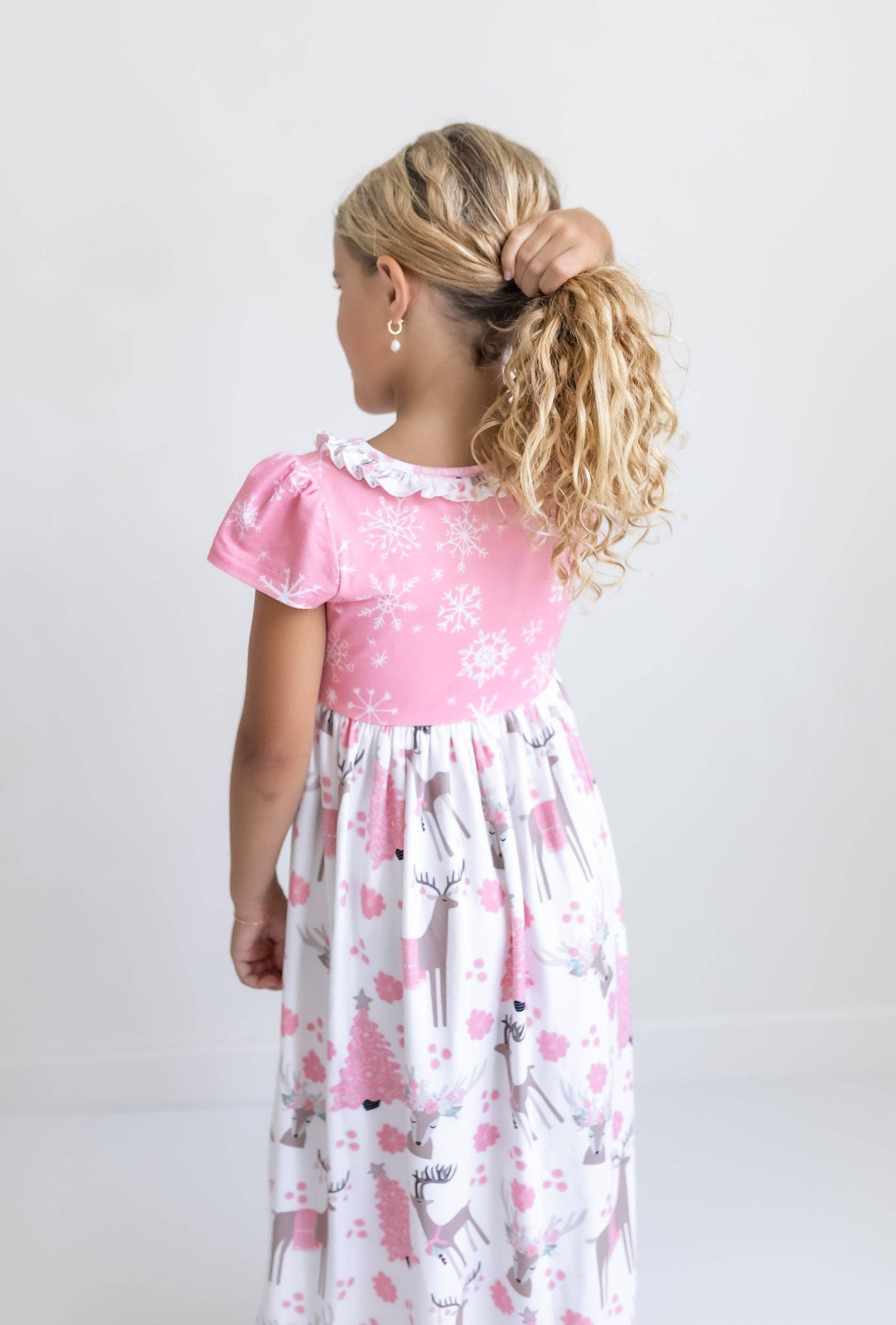 Oopsie Daisy - Kids Pink Christmas Holiday Reindeer Ruffle Lounge Play Gown