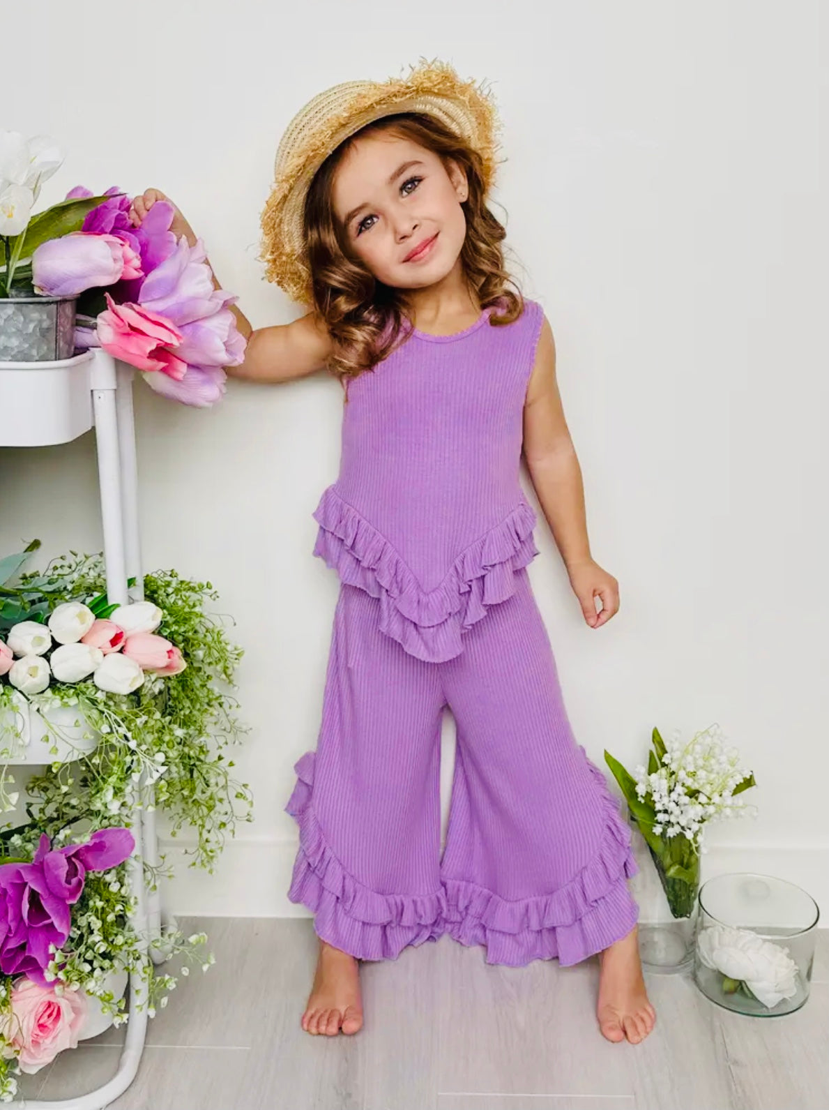 Just Being Cute Lilac Ruffle Pants Set