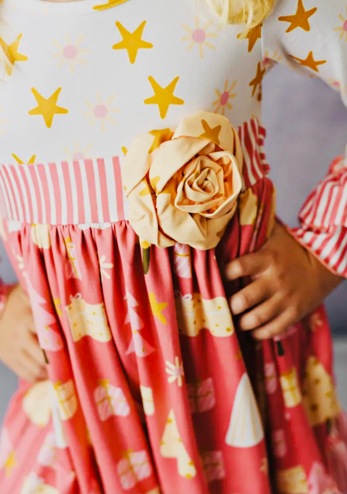 Kids Winter Holiday Pink Christmas Tree Rosette Dress