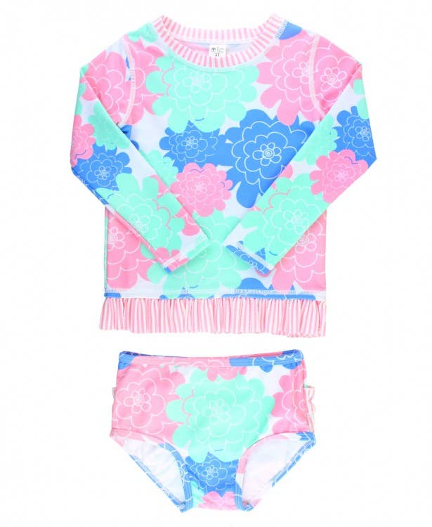 RuffleButts + RuggedButts - Girls Pastel Petals Long Sleeve Rash Guard 2-Piece Swimsuit with Signature Rear Ruffles