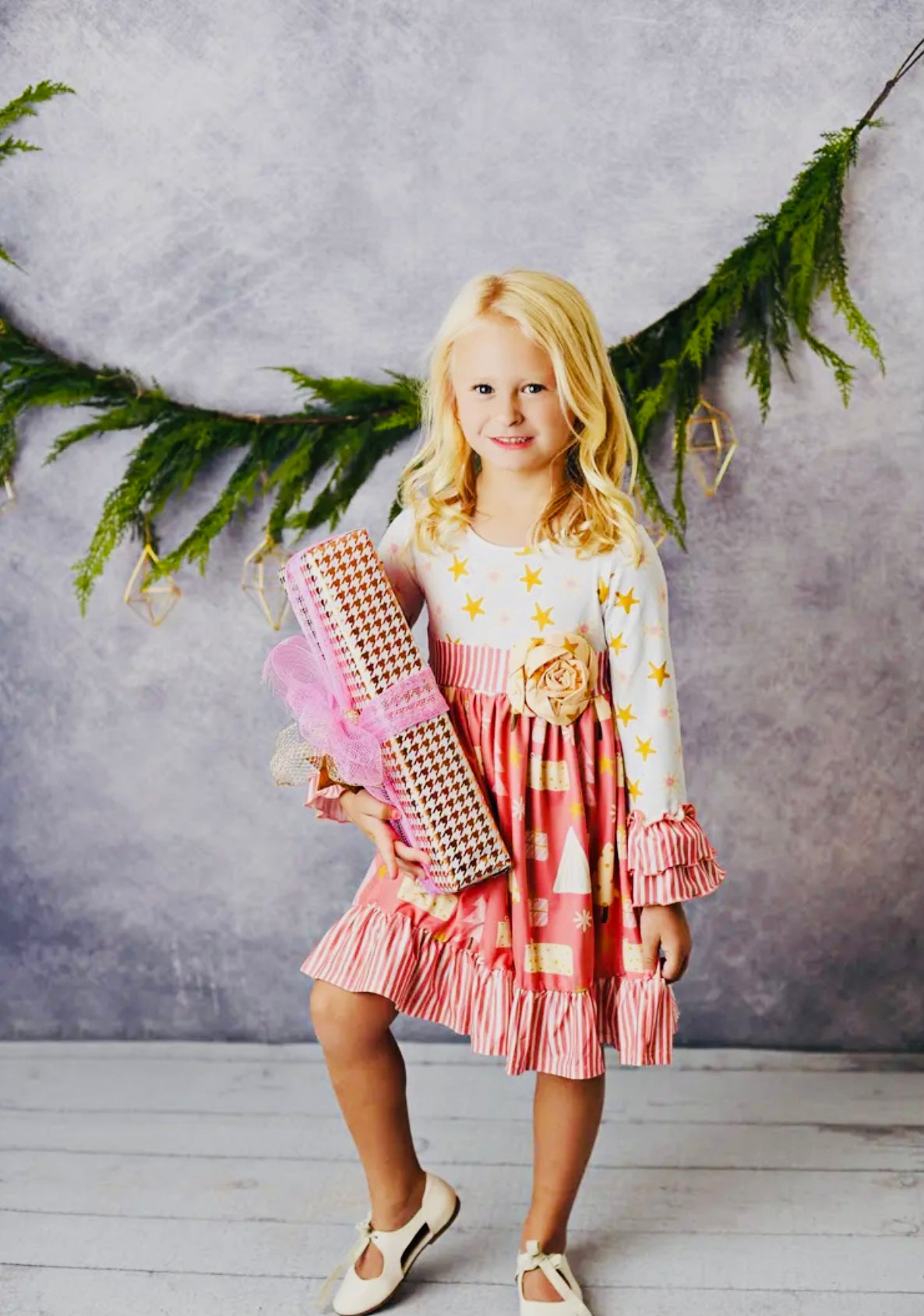 Kids Winter Holiday Pink Christmas Tree Rosette Dress