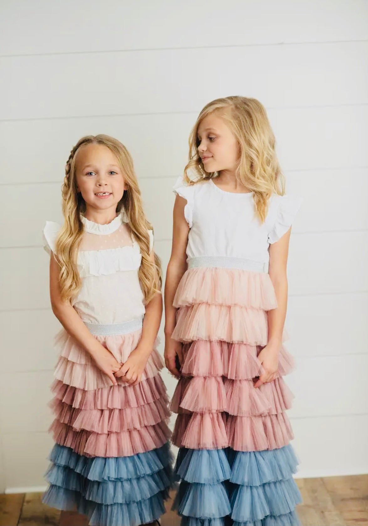 Kids Dusty Pink & Blue Ombré Tiered Tulle Fancy Party Skirt