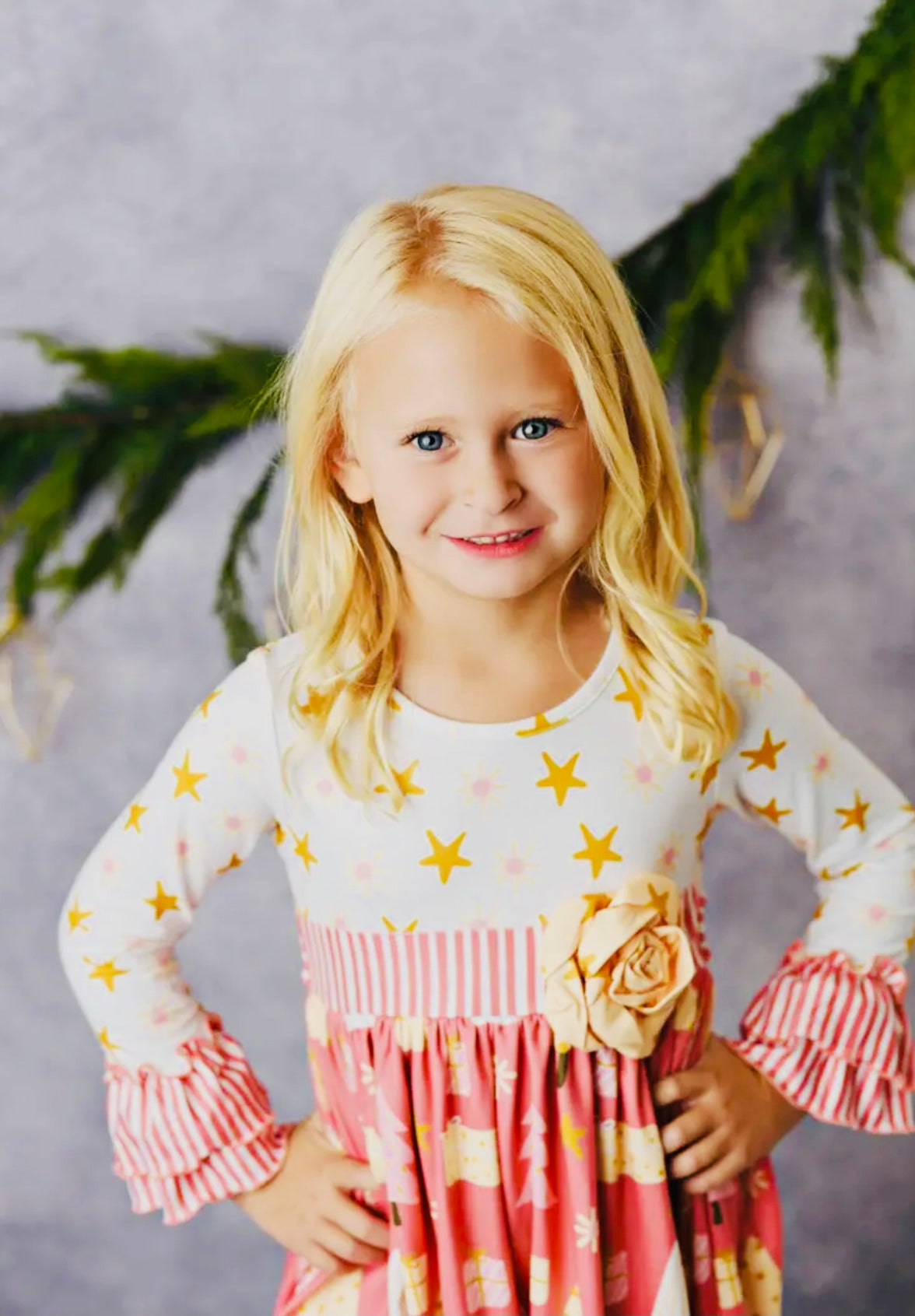 Kids Winter Holiday Pink Christmas Tree Rosette Dress