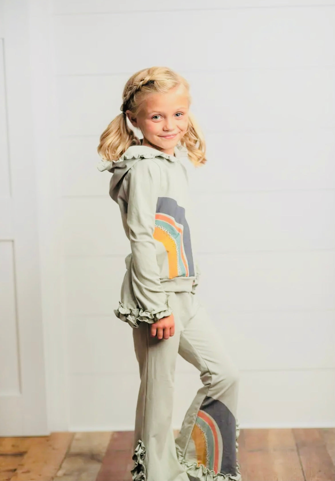 Girls Gray Sage Rainbow Hooded Fall Sweatsuit Lounge Set