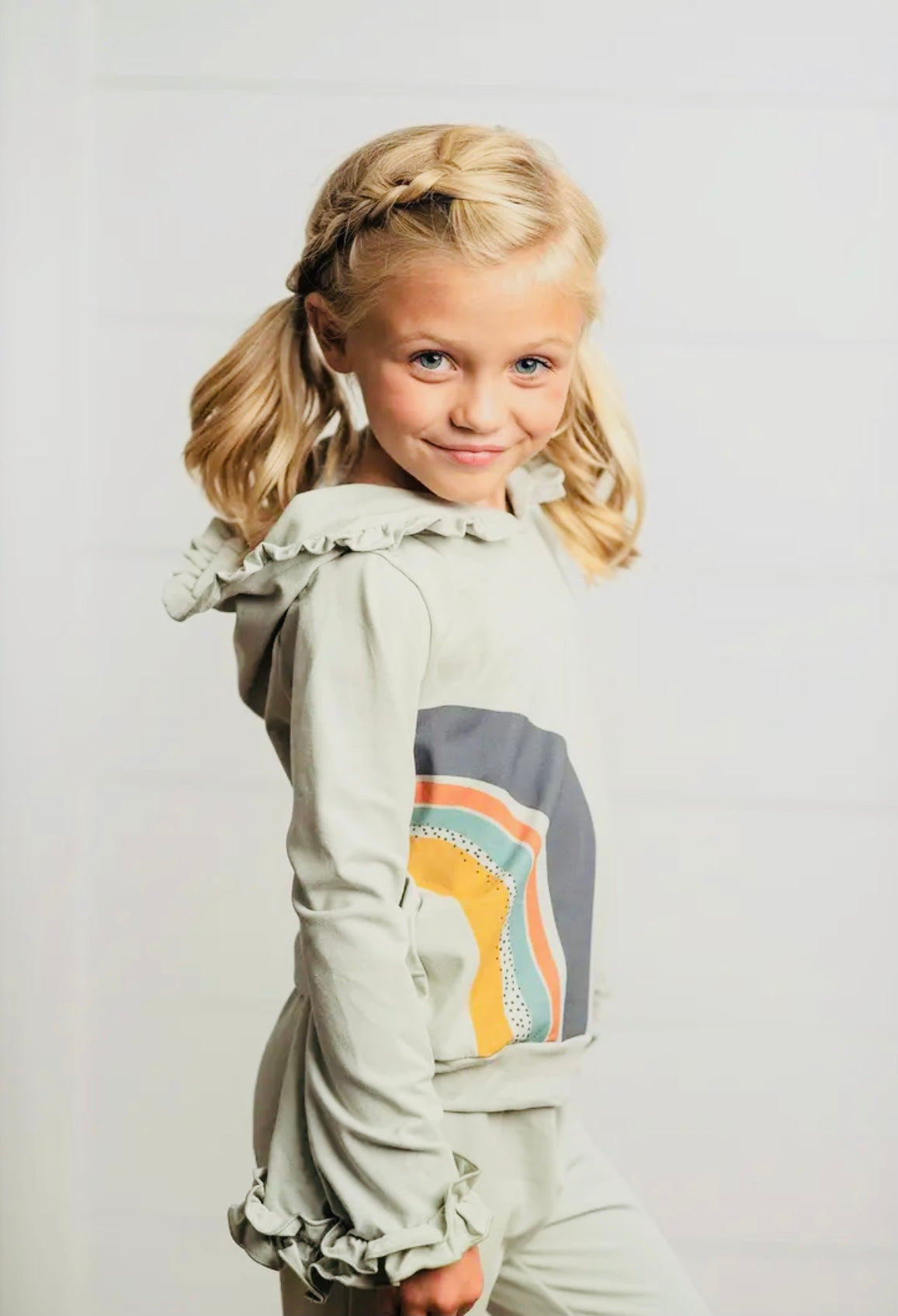 Girls Gray Sage Rainbow Hooded Fall Sweatsuit Lounge Set