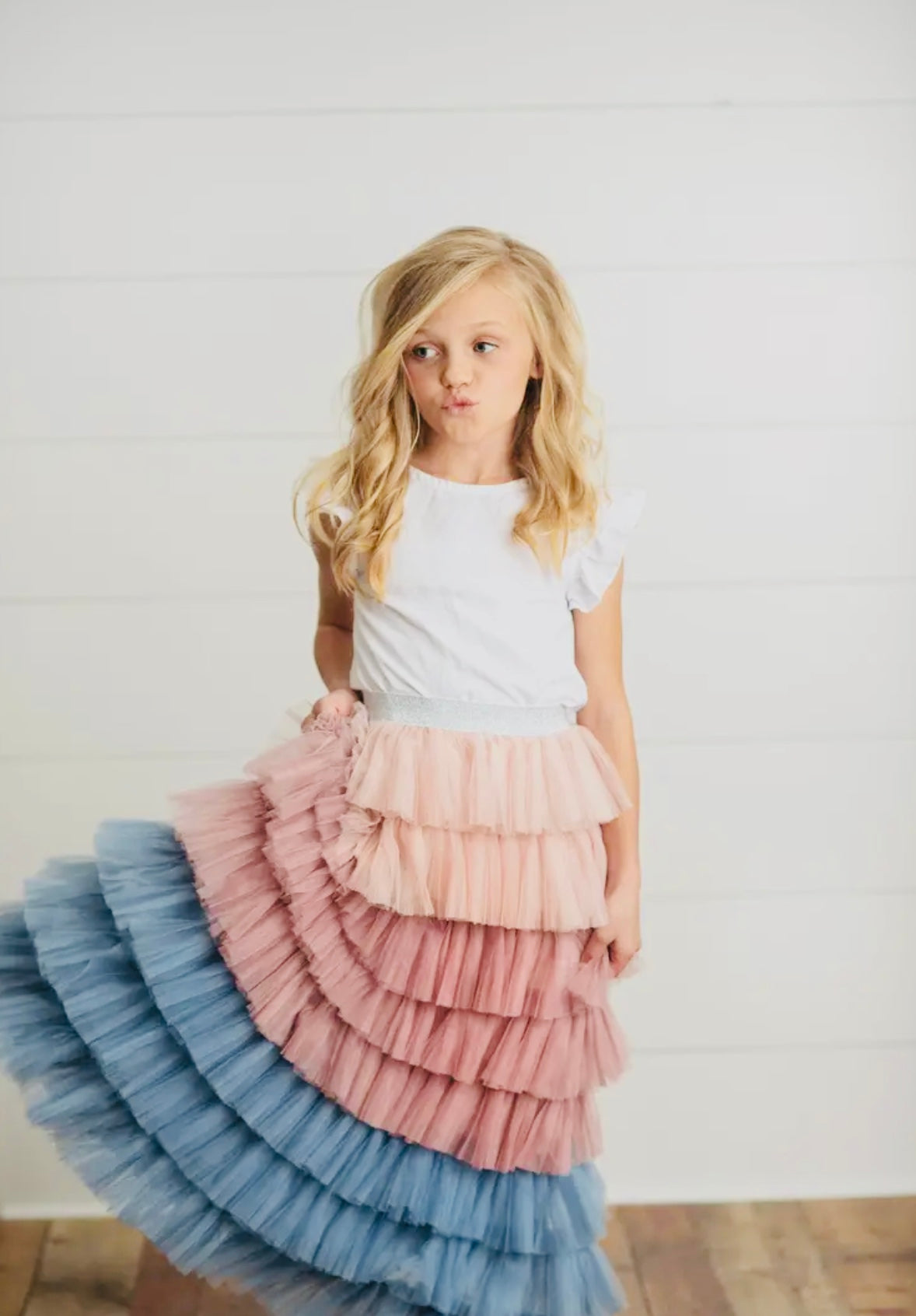 Kids Dusty Pink & Blue Ombré Tiered Tulle Fancy Party Skirt