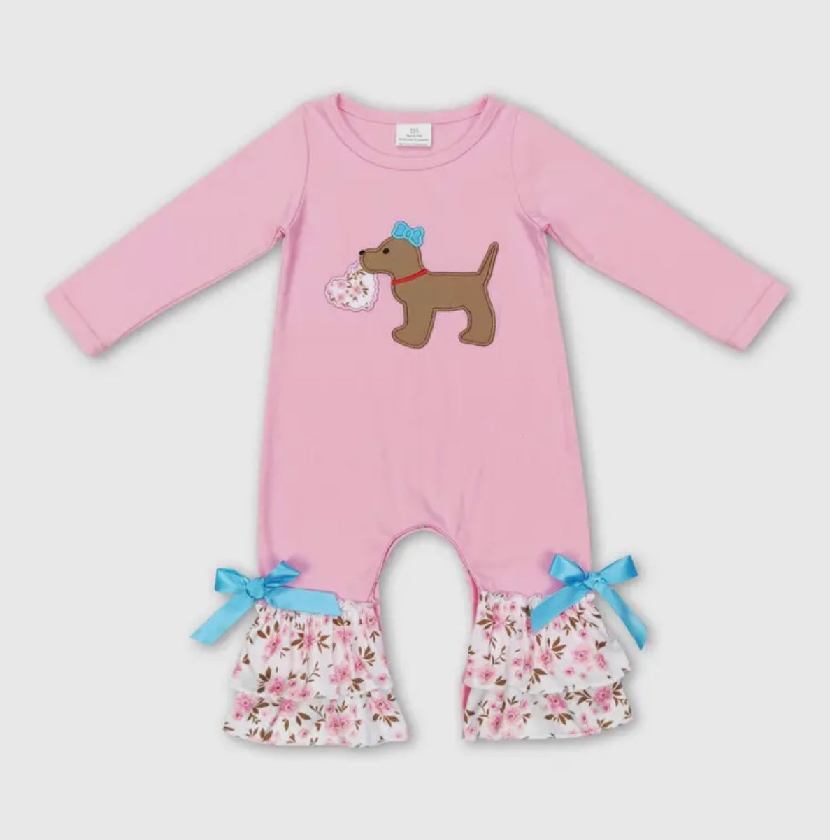 Pink Dog Floral Heart Valentines Romper