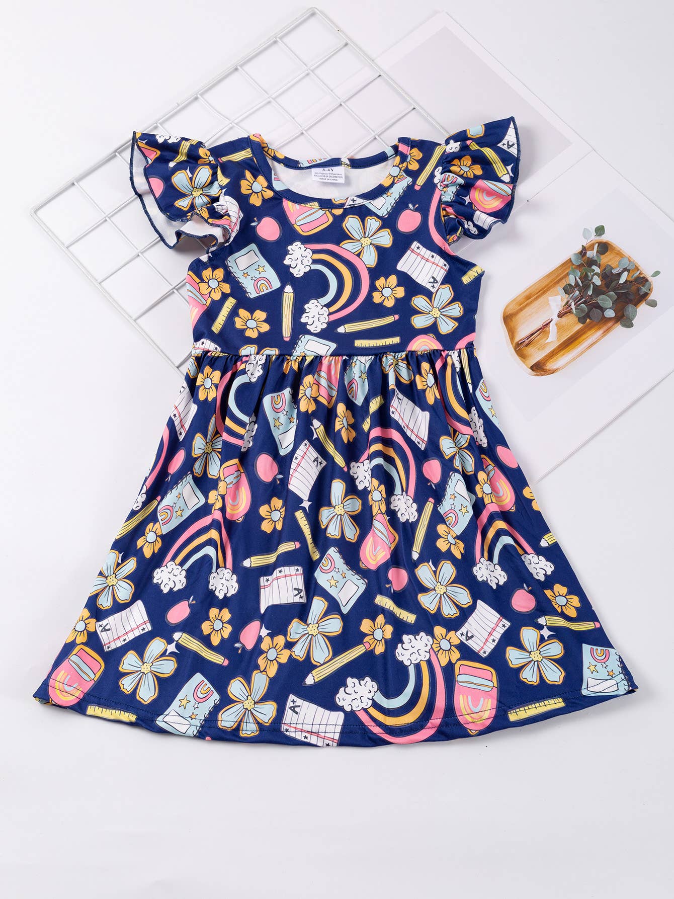 Little Trendy - Back to School Apple pencil rainbow ruffle flutter Dress