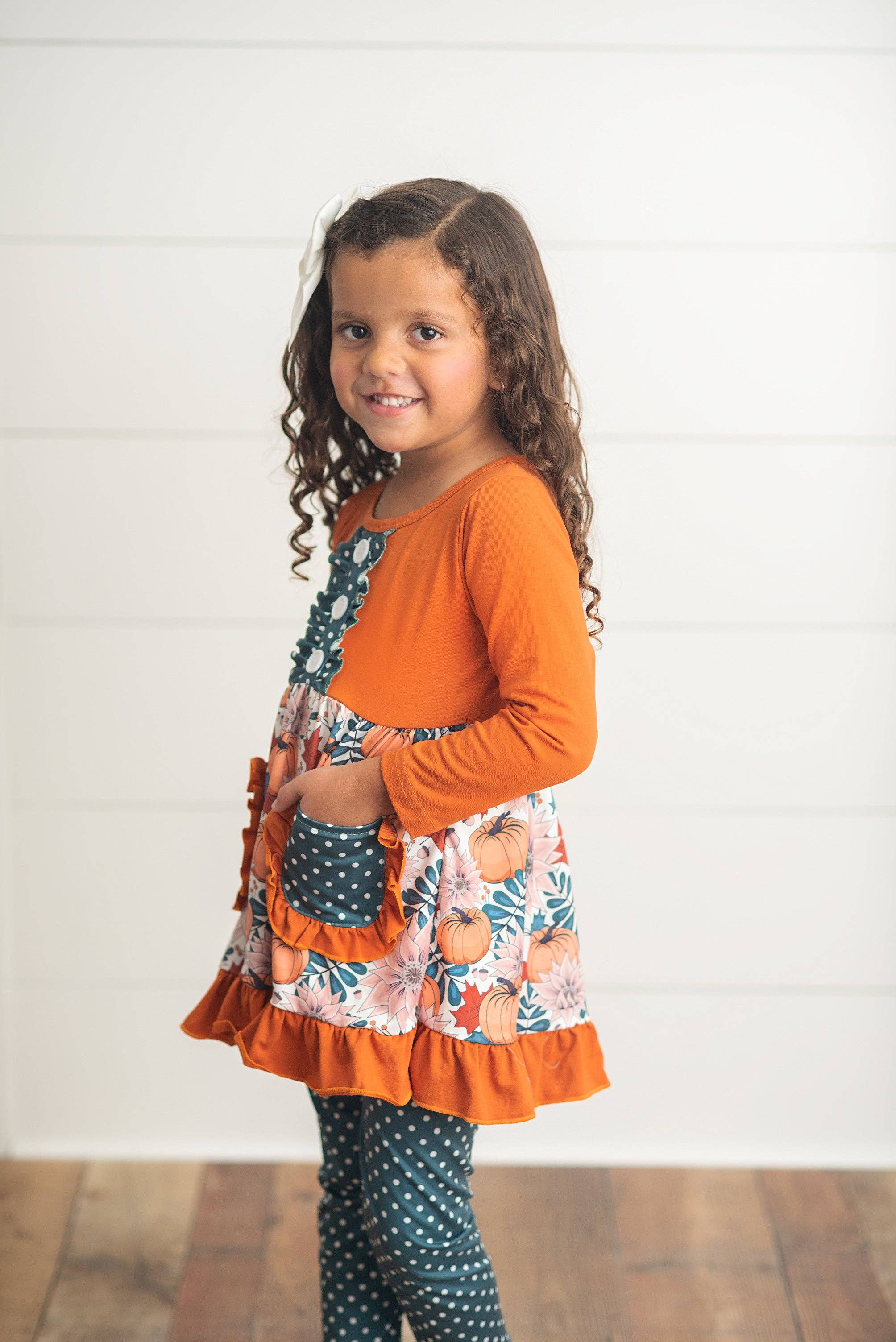Adorable Sweetness - Kids Sage & Pumpkin Ruffle Pocket Polka Dot Fall Pant Set