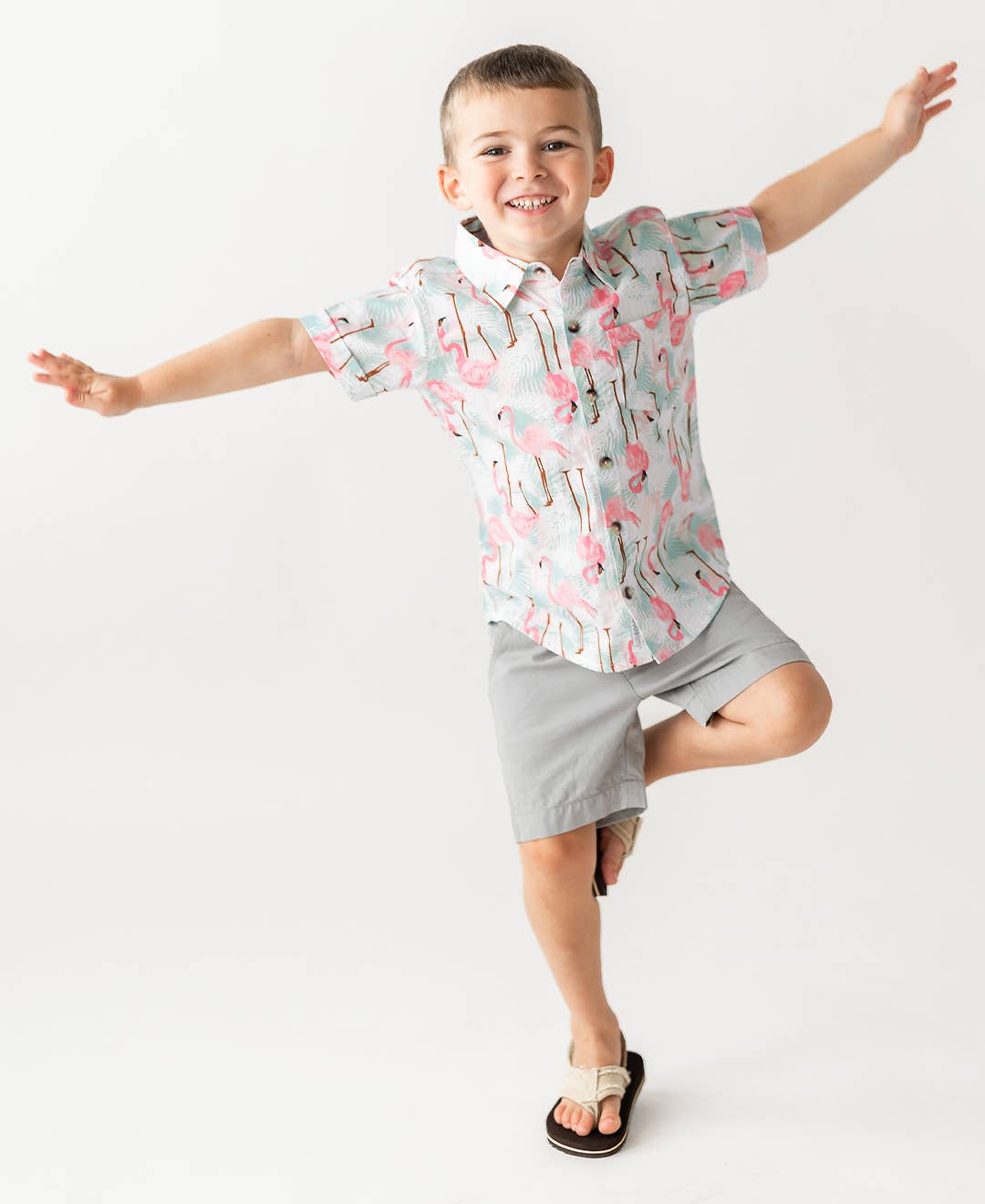 RuffleButts + RuggedButts - Boys Vibrant Flamingo Short Sleeve Button Down Shirt