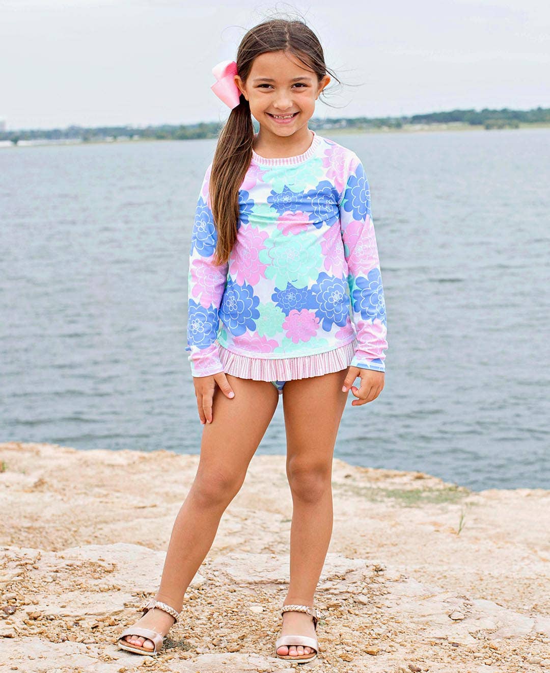 RuffleButts + RuggedButts - Girls Pastel Petals Long Sleeve Rash Guard 2-Piece Swimsuit with Signature Rear Ruffles